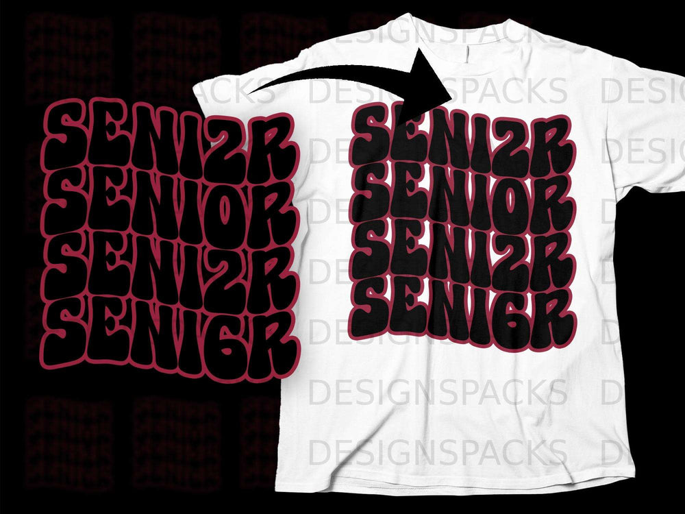White t-shirt with bold red "SENIOR" text stacked vertically, partially overlaid on black background.