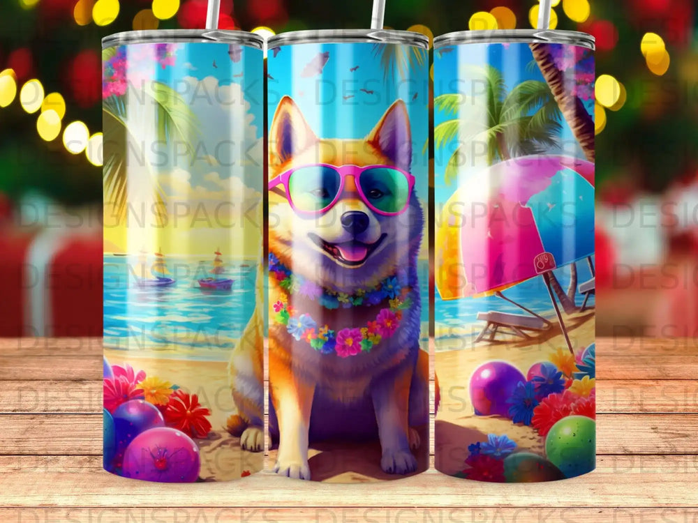Dog wearing sunglasses and lei at the beach.