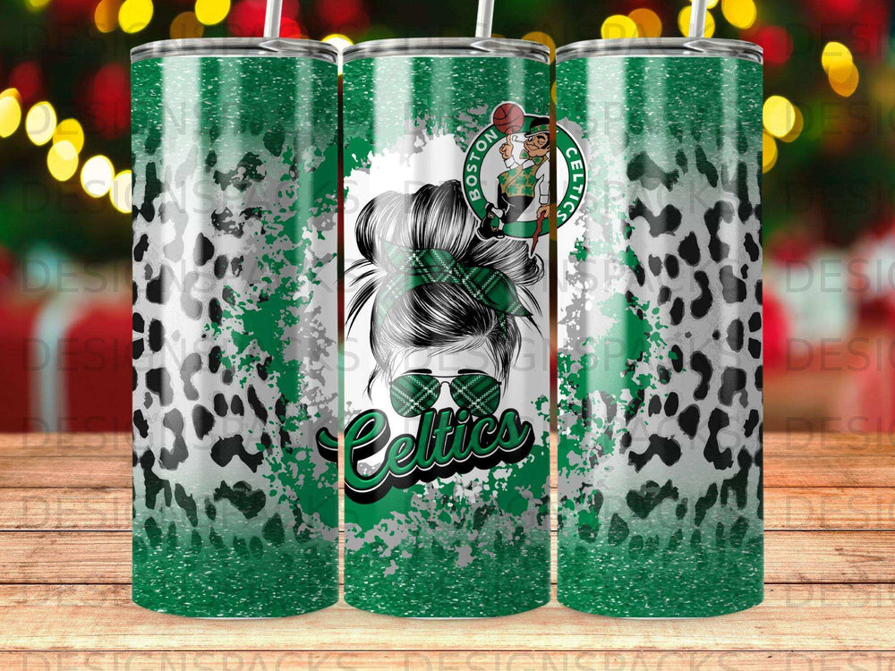 Boston Celtics tumbler with woman in messy bun and green plaid.