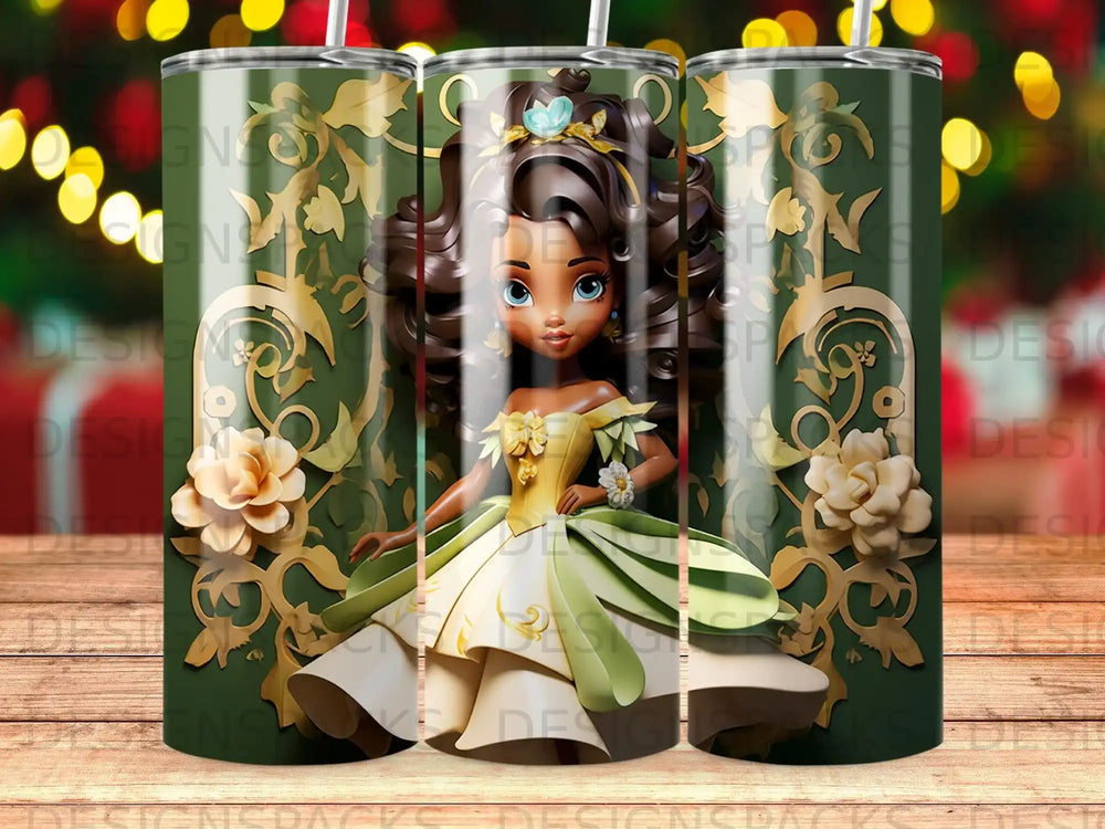 Girl in yellow and green dress with ornate gold background and floral accents.