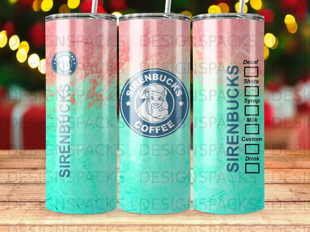 Sirenbucks coffee tumbler with layered design and drink customization options.