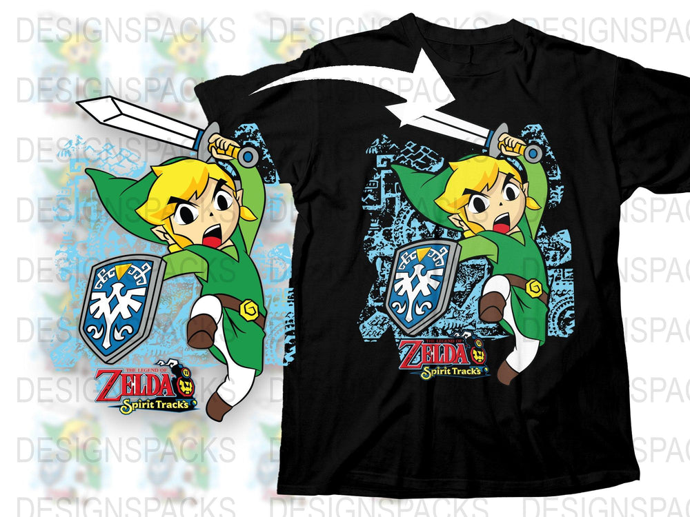 Zelda Spirit Tracks T-Shirt, Link with Sword and Shield Graphic Tee, Video Game Merchandise, Unisex Adult Clothing