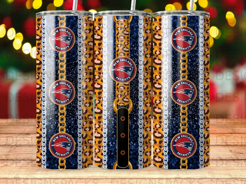 New England Patriots tumbler with chain and leopard print pattern.
