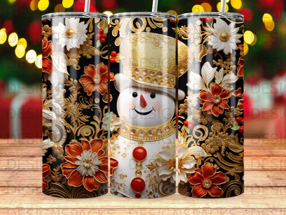 Snowman with ornate gold hat and floral pattern on black background.