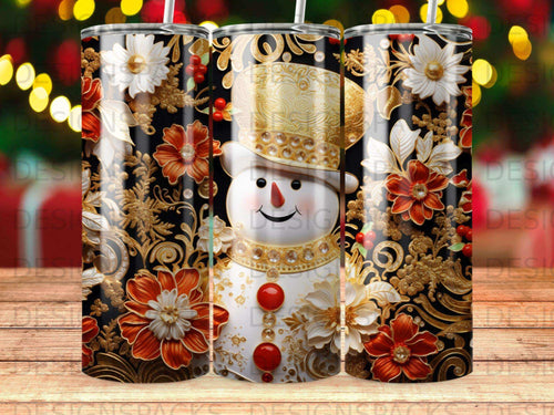 Snowman with ornate gold hat and floral pattern on black background.