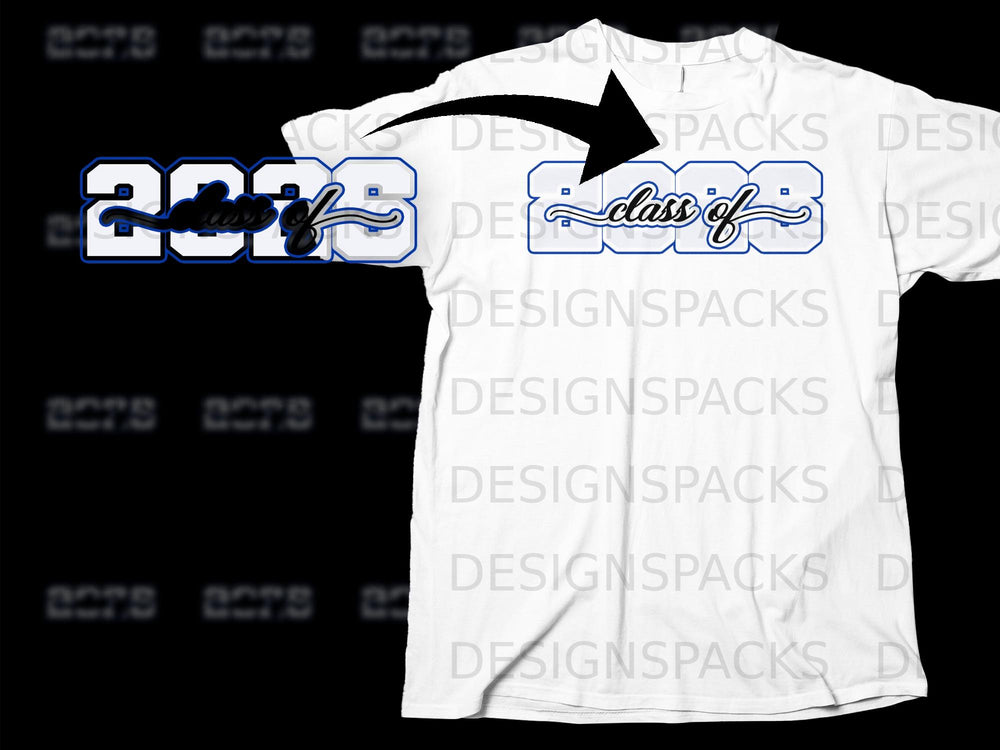 White t-shirt with "Class of 2023" graphic in blue and white.