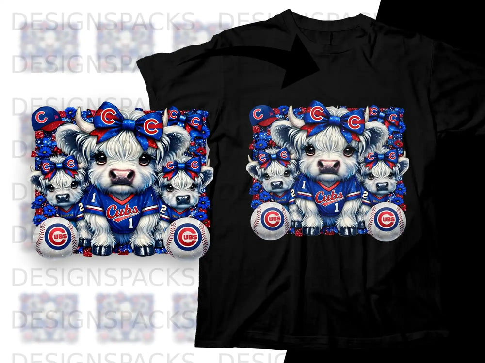 Cute cartoon cow wearing Cubs baseball uniform and bow.