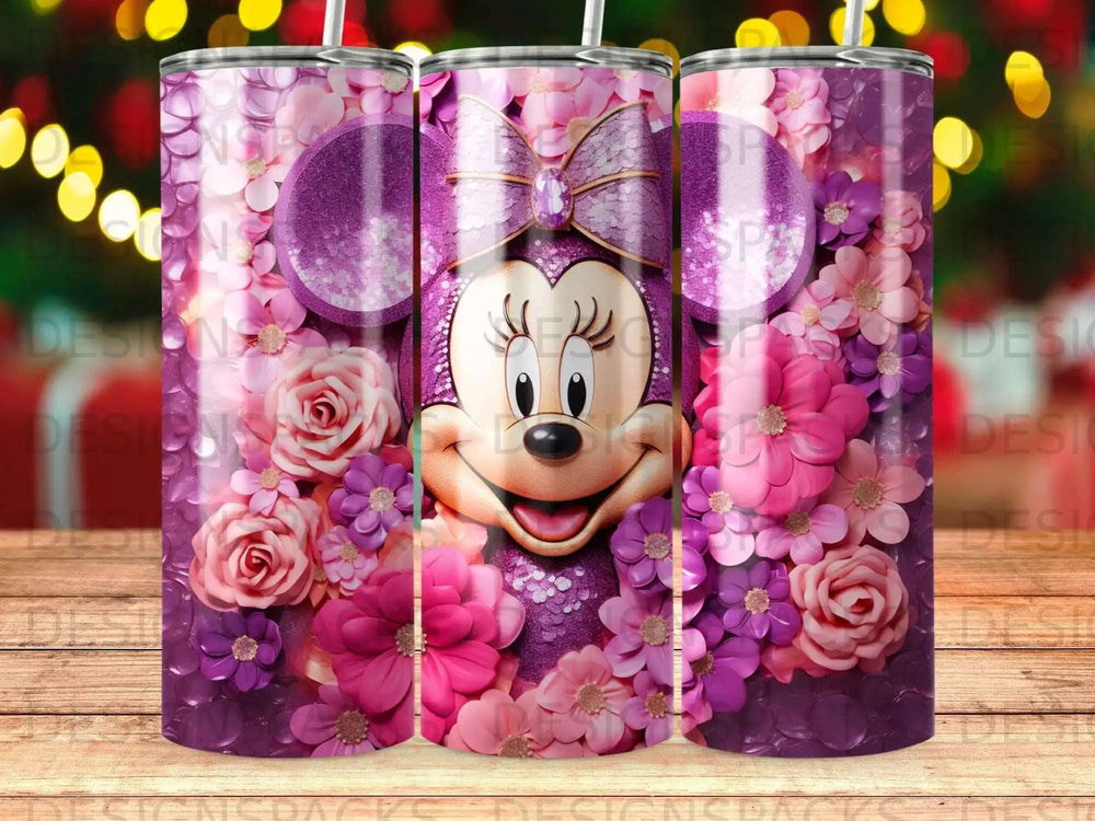Minnie Mouse surrounded by pink and purple flowers and glitter accents.