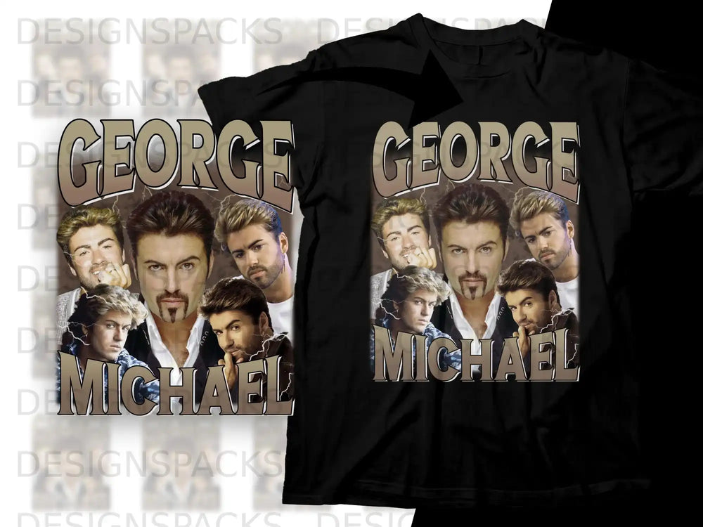 George Michael graphic tee with multiple photos of the singer.