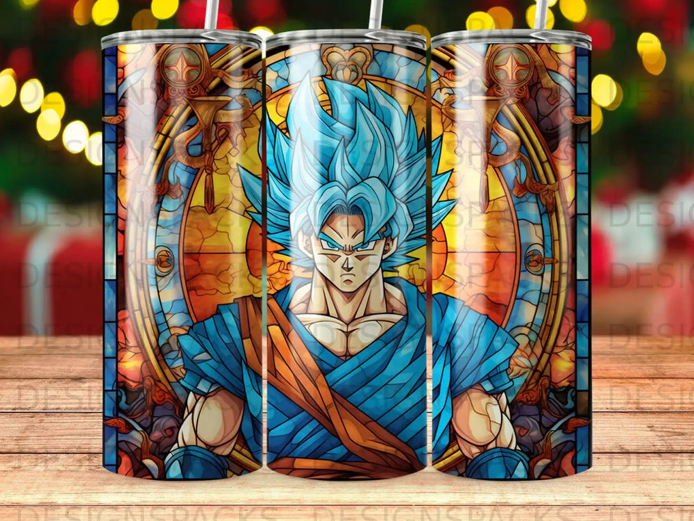 Goku with blue hair in stained glass style, front view.