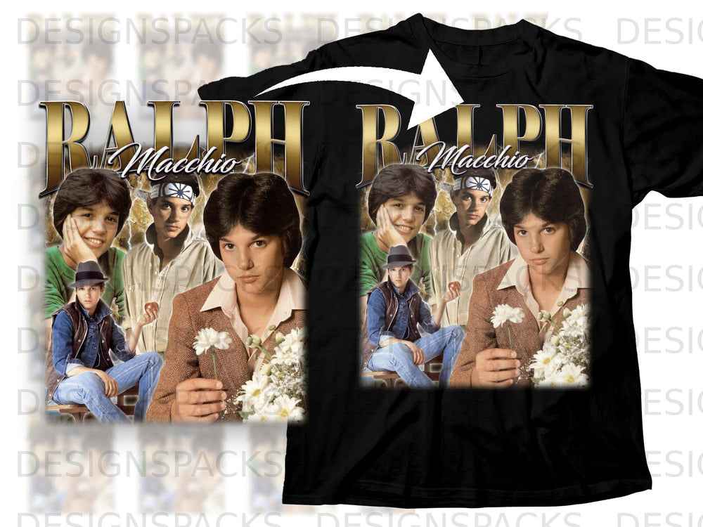 Black t-shirt with "RALPH Macchio" graphic featuring four images of the actor.