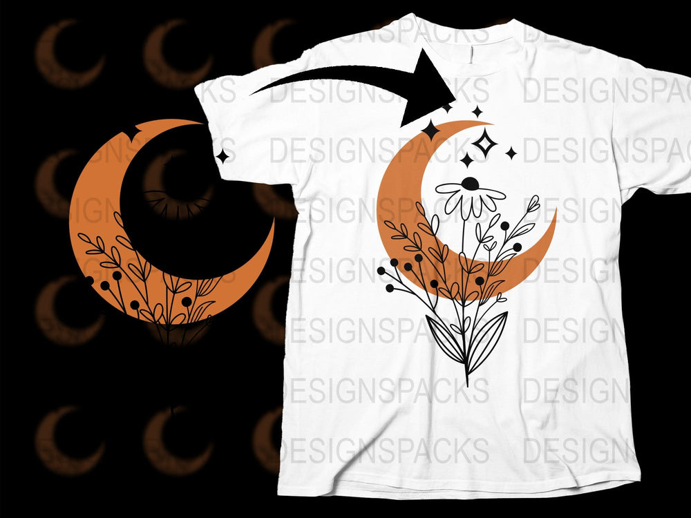 Crescent Moon Floral T-Shirt, Boho Chic Graphic Tee, Unisex White Cotton Shirt, Trendy Celestial Top