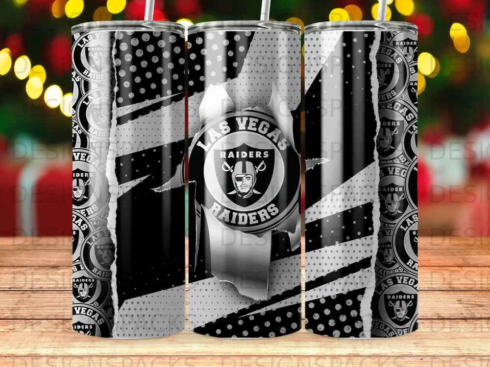 Las Vegas Raiders logo on a ripped black and white textured tumbler.
