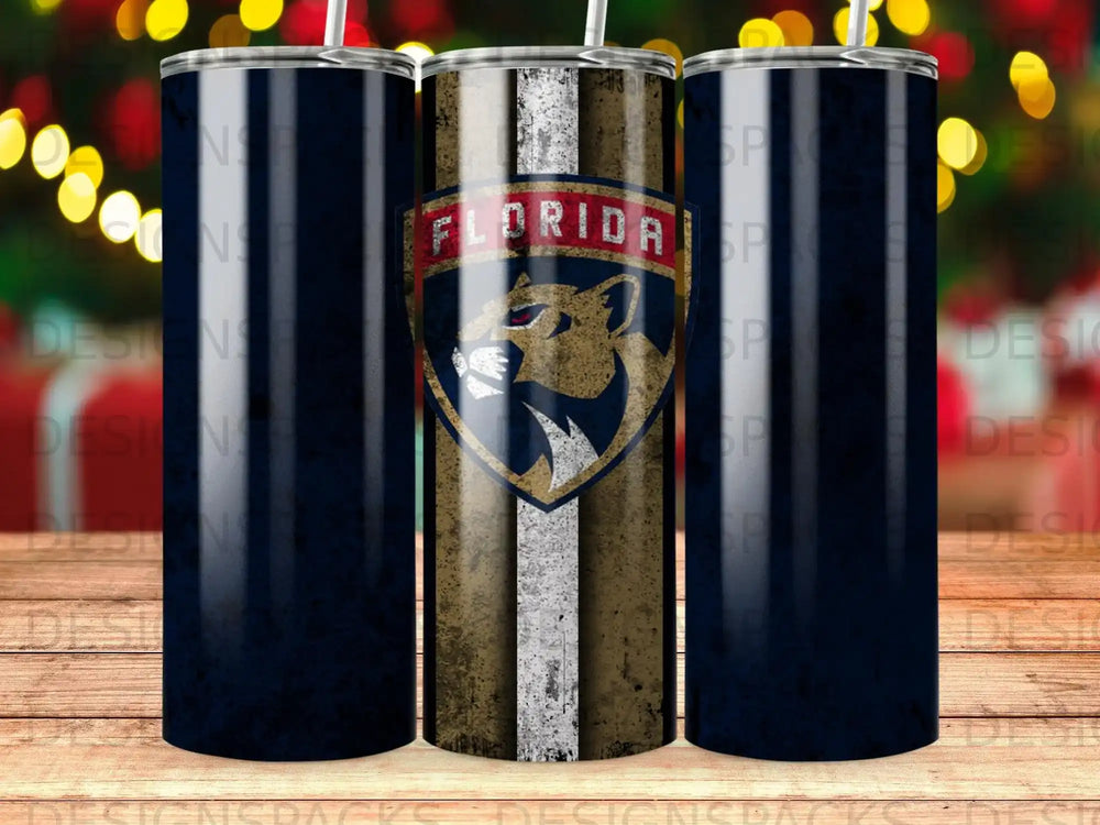 Florida Panthers logo on a dark blue and gold striped tumbler.