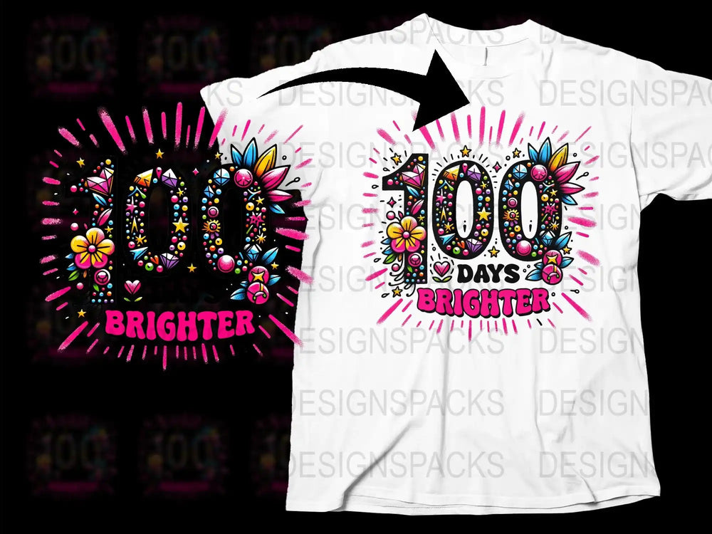 100 Days Brighter T-Shirt, Colorful Teacher Celebration Shirt, Fun School Milestone Tee, Vibrant Graphic Top for Educators
