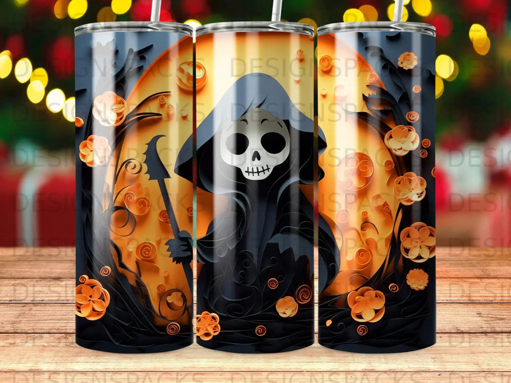 Grim reaper in black robe with skull head and scythe, surrounded by orange flowers.