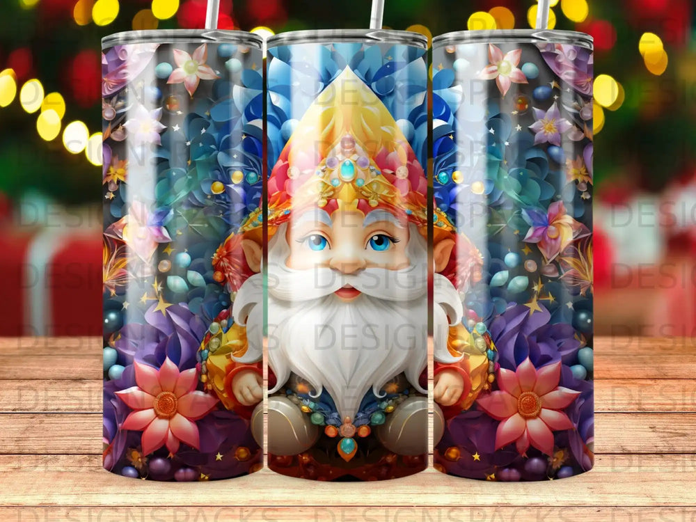 Gnome with ornate crown and colorful floral patterned tumbler.