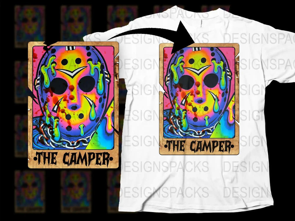 Colorful Jason Mask Graphic T-Shirt, 'The Camper' Horror Movie Fan Tee, Vibrant Pop Art Style Top