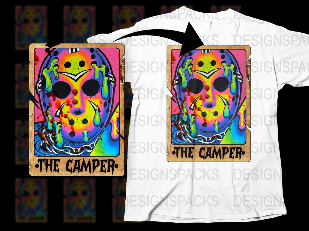 Colorful Jason Mask Graphic T-Shirt, 'The Camper' Horror Movie Fan Tee, Vibrant Pop Art Style Top