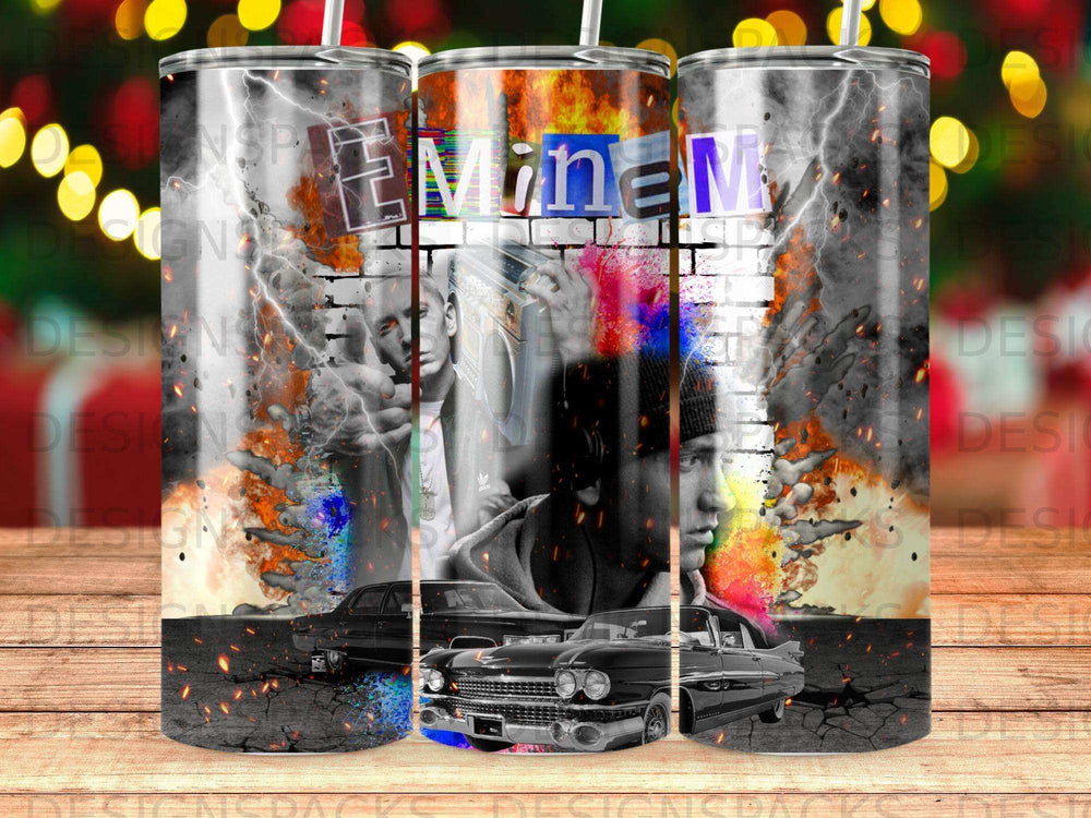 Eminem montage with vintage cars and fire effects on a tumbler.