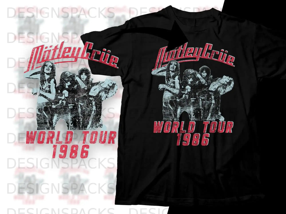 Mötley Crüe World Tour 1986 black t-shirt design.