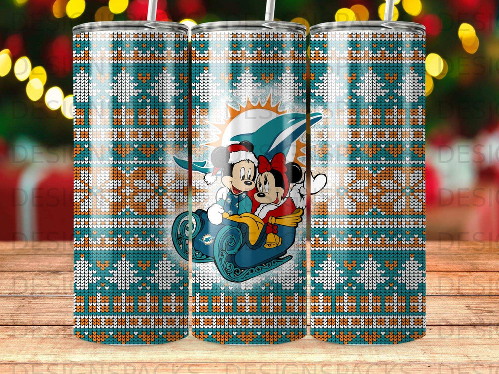 Mickey and Minnie Mouse in a sleigh on a teal, snowflake-patterned tumbler.