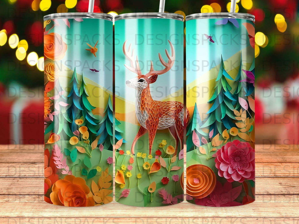 Deer in forest with colorful flowers and abstract trees.