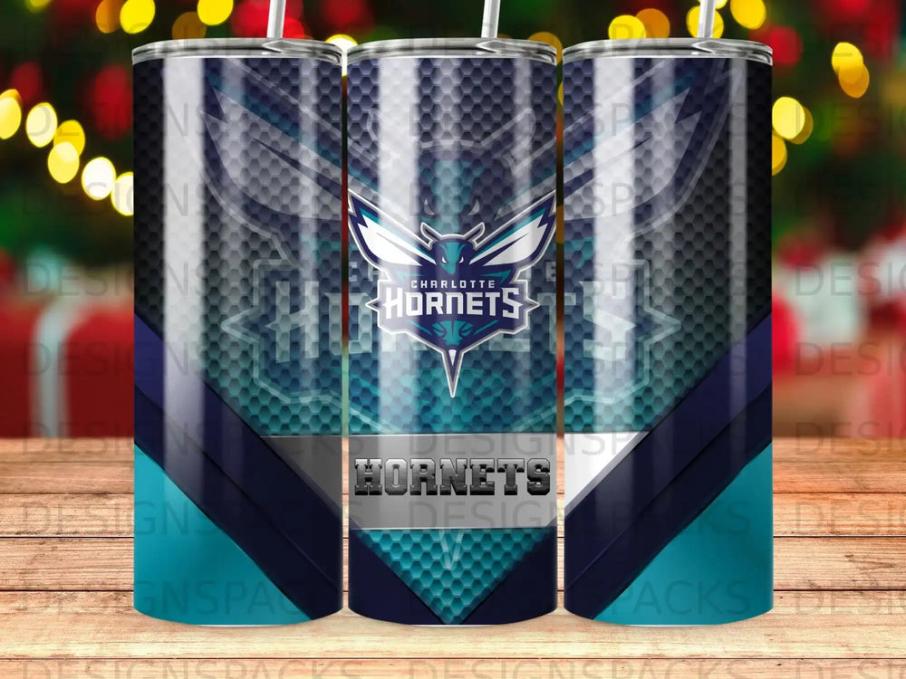 Charlotte Hornets logo on a patterned cylindrical tumbler.