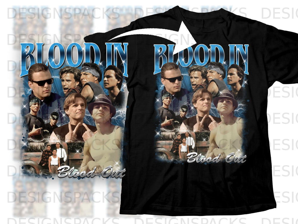 Black t-shirt featuring a collage of men with "Blood In Blood Out" text.