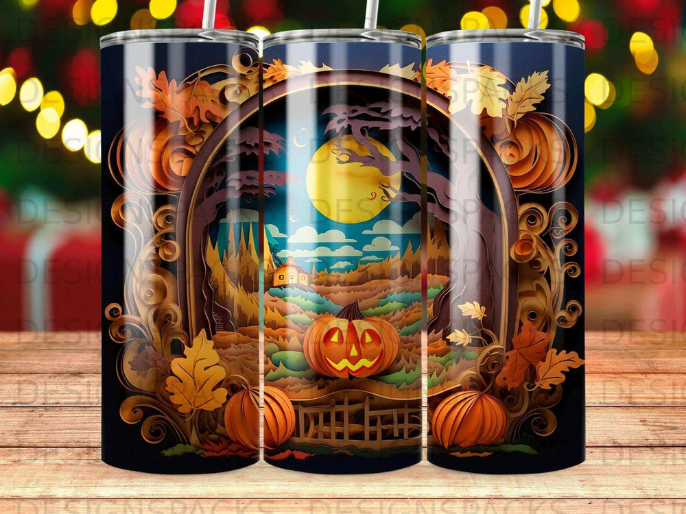 Halloween scene with pumpkins, moon, and autumn leaves on a tumbler.