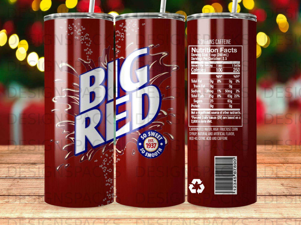 Big Red soda logo with nutrition facts label on a tumbler.