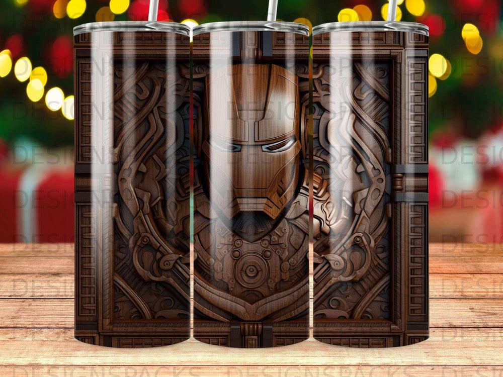 Three tumblers with Iron Man's mask carved into wood.