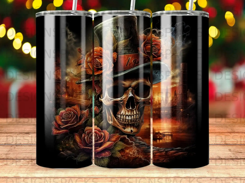 Skull in top hat with roses and cityscape, art print.