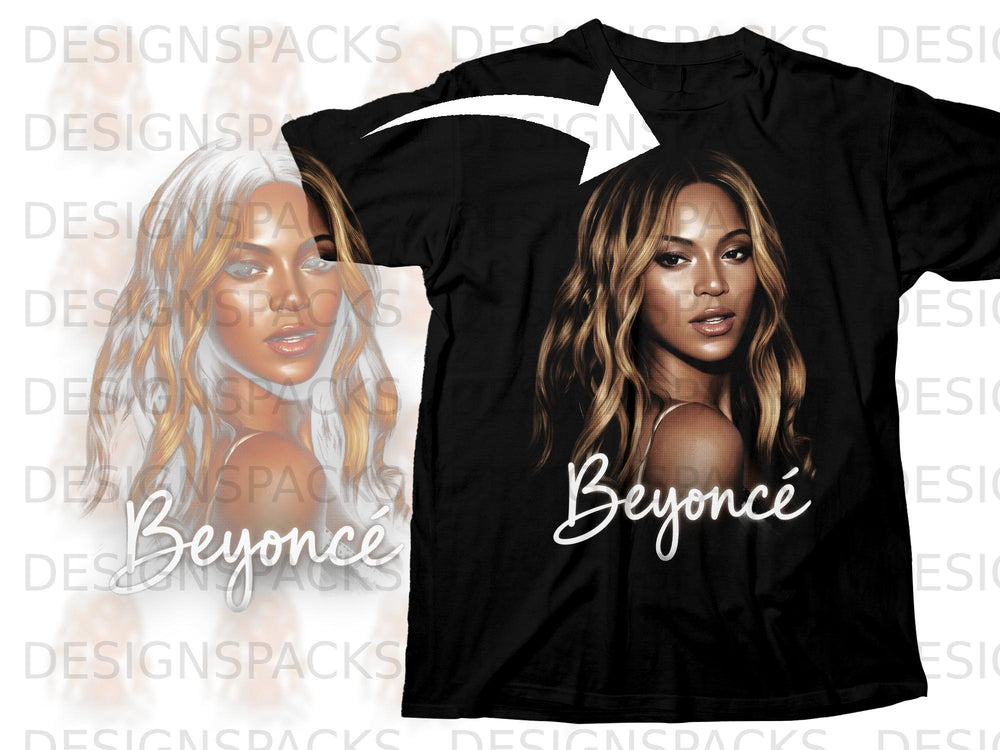 Black t-shirt with a portrait of Beyoncé and her name in white script.