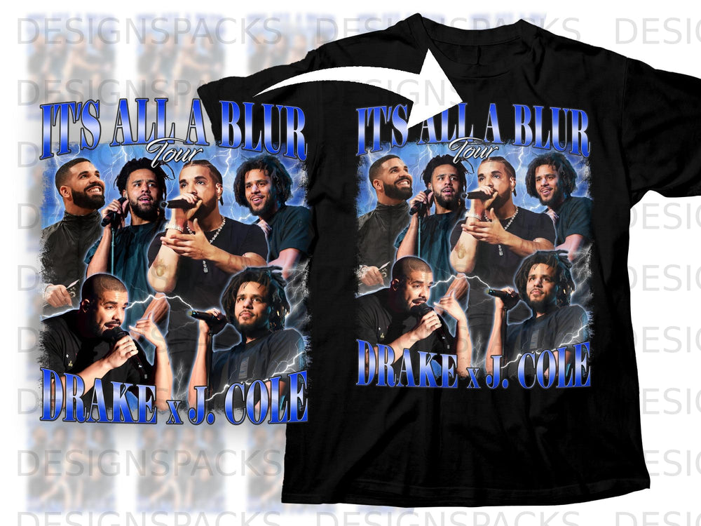Black t-shirt featuring Drake and J. Cole with "It's All A Blur Tour" text.