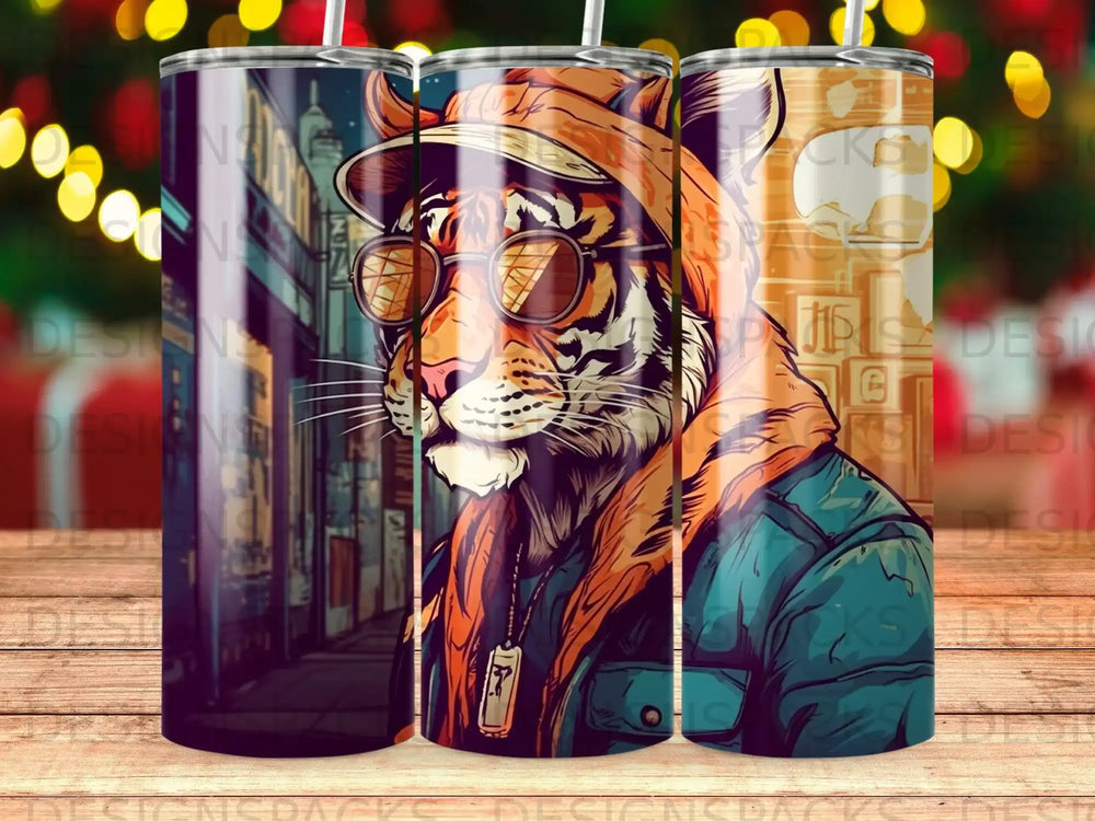 Tiger wearing sunglasses and hoodie, rendered in a street art style.