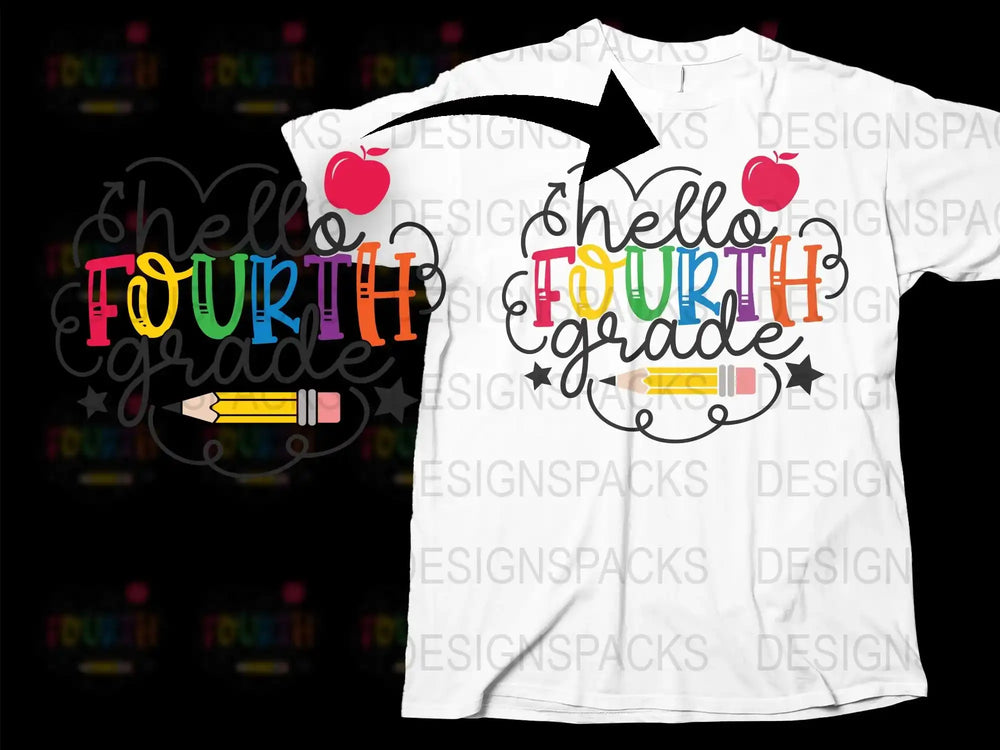 Hello Fourth Grade T-Shirt Colorful Back to School Teacher Tee Apple Pencil Design Kids' Fashion