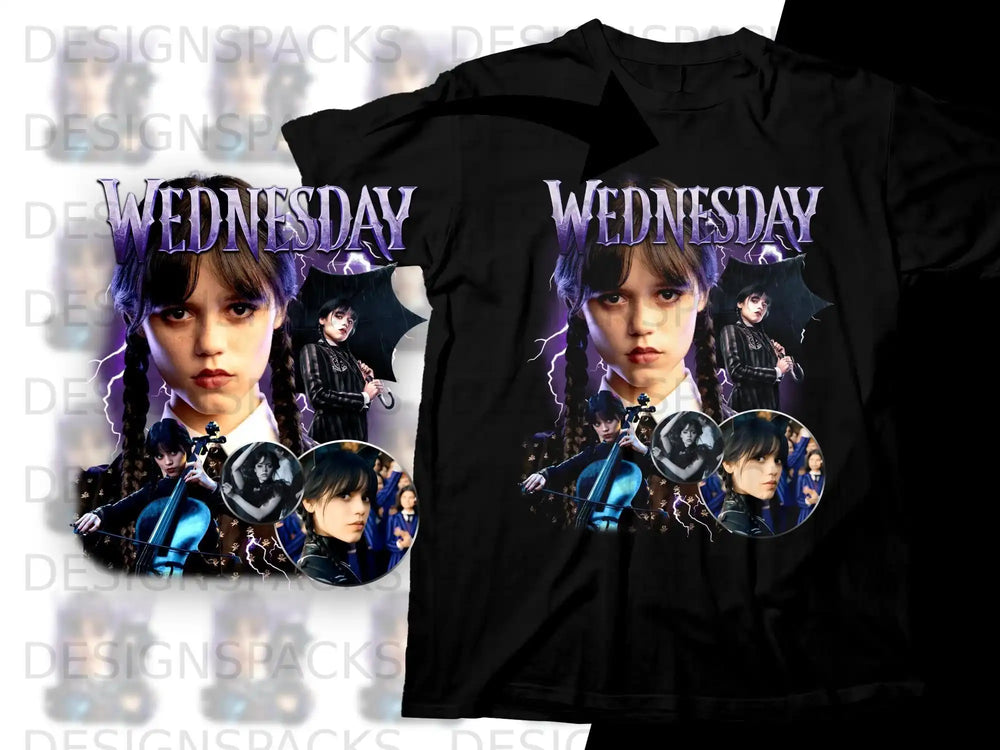 Wednesday Addams collage featuring cello, umbrella, and fan art on a black t-shirt.