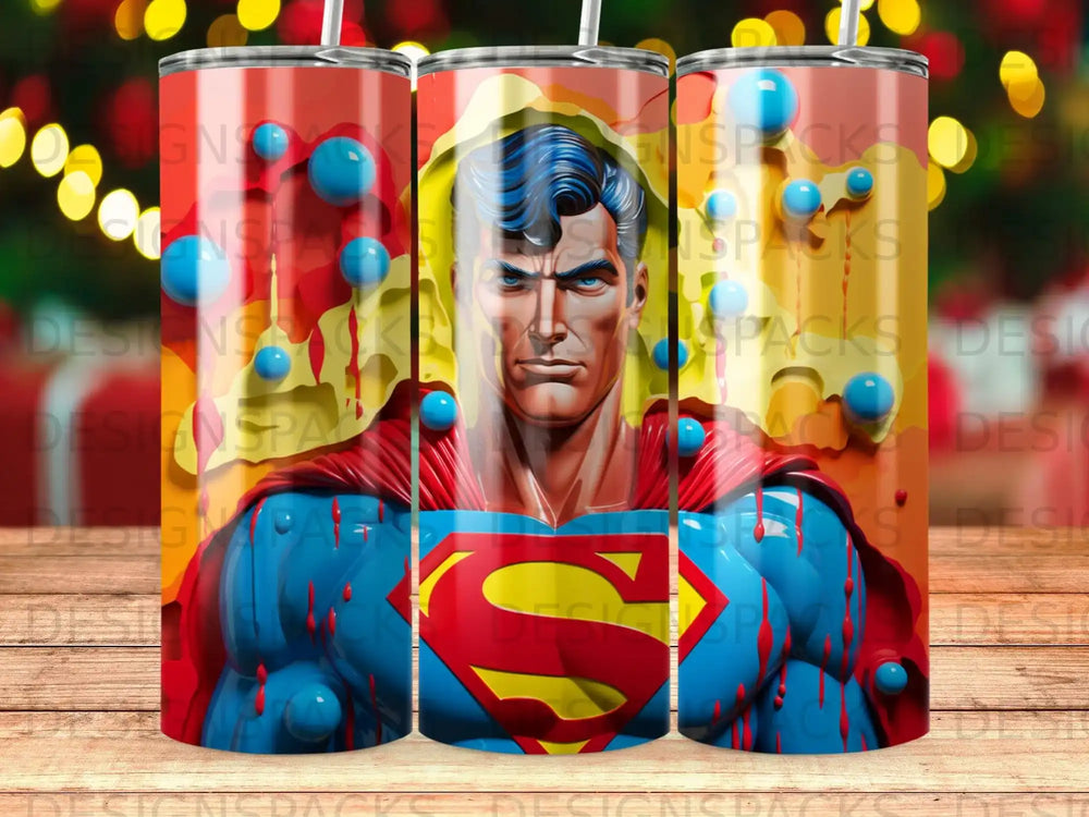 Superman bust with "S" logo on chest, surrounded by abstract colored circles.