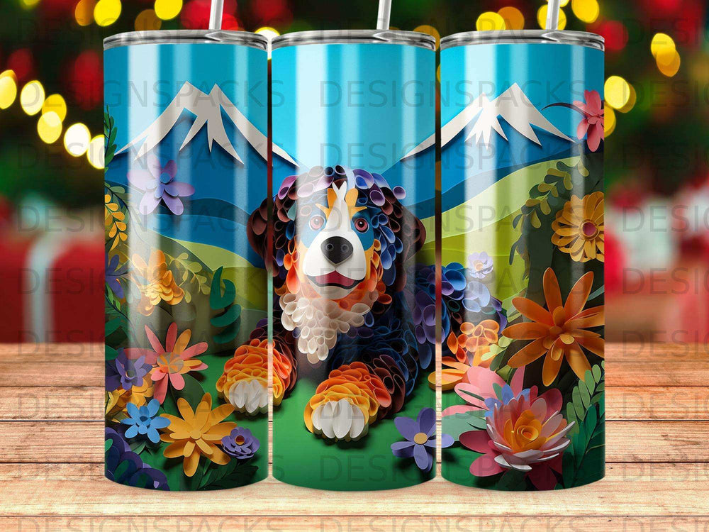 Bernese mountain dog among colorful paper flowers and mountains.
