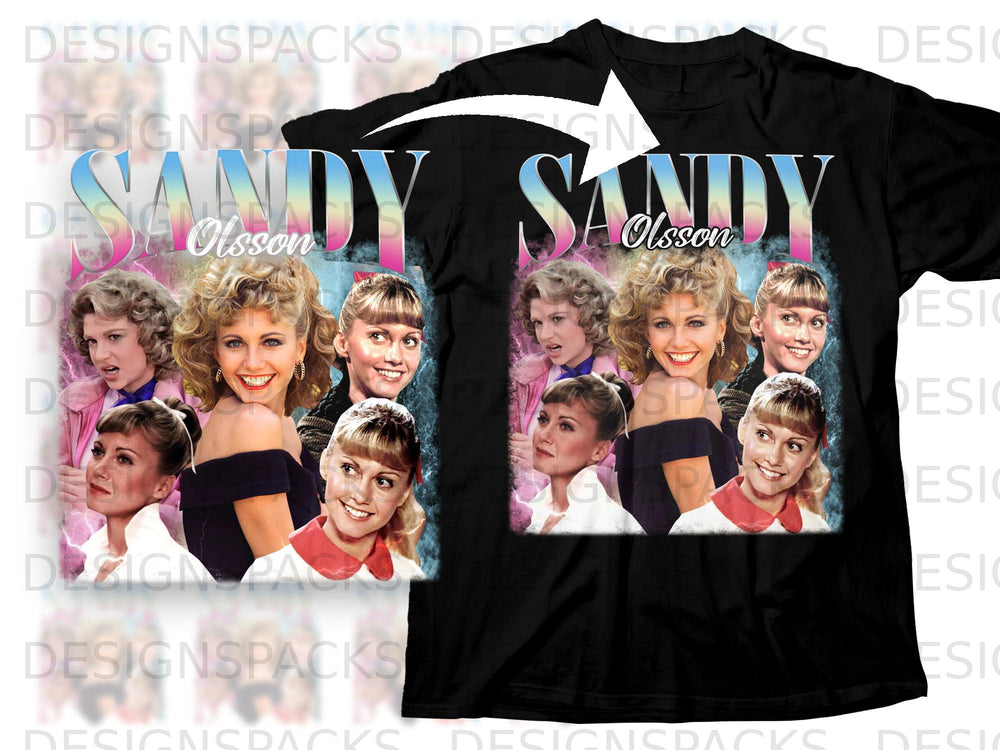 Sandy Olsson collage on a black t-shirt with faded pink and blue accents.