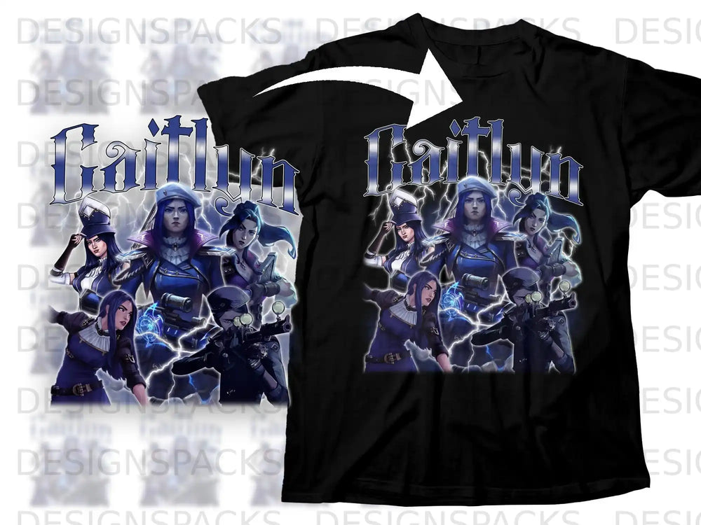 Black t-shirt featuring a graphic with the text "Gaithyn" and female characters.