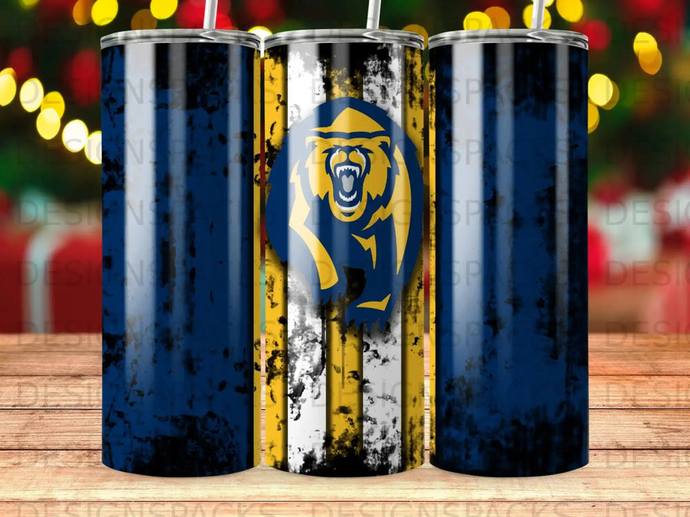 Blue and gold tumbler with roaring bear mascot, showing three tumblers.