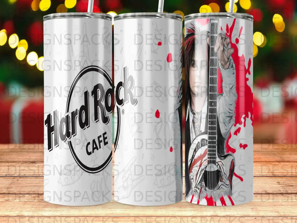 Hard Rock Cafe tumbler with guitar and red paint splatters.
