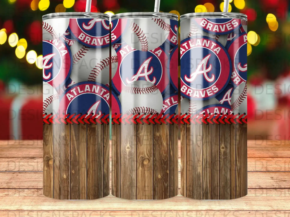 Atlanta Braves tumbler with baseballs and wood grain pattern.