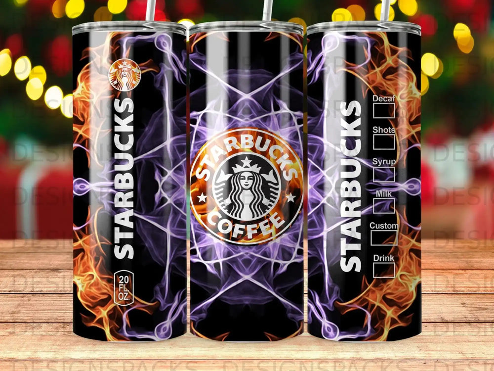Starbucks coffee tumbler with flame design and menu options.