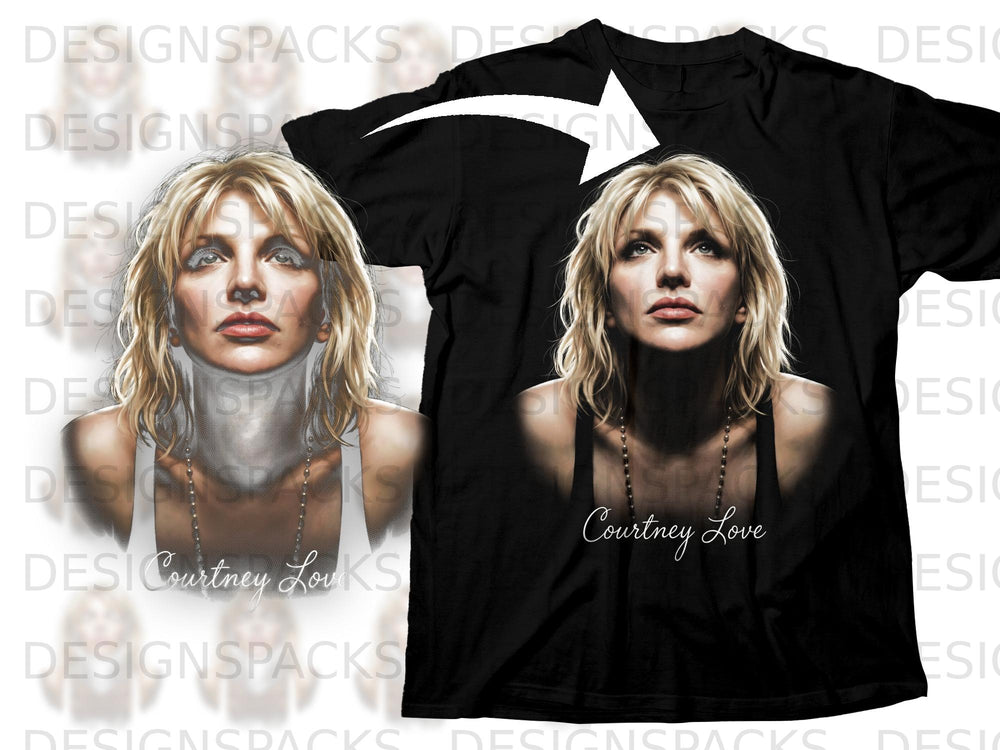 Black t-shirt featuring a portrait of Courtney Love with her name below.