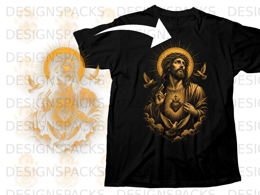 Black t-shirt featuring a gold illustration of Jesus with a halo, Sacred Heart, and doves.