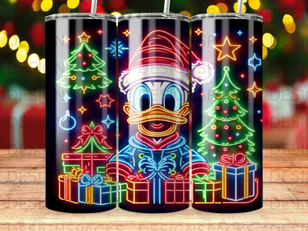 Donald Duck in neon Christmas lights and presents with festive trees.