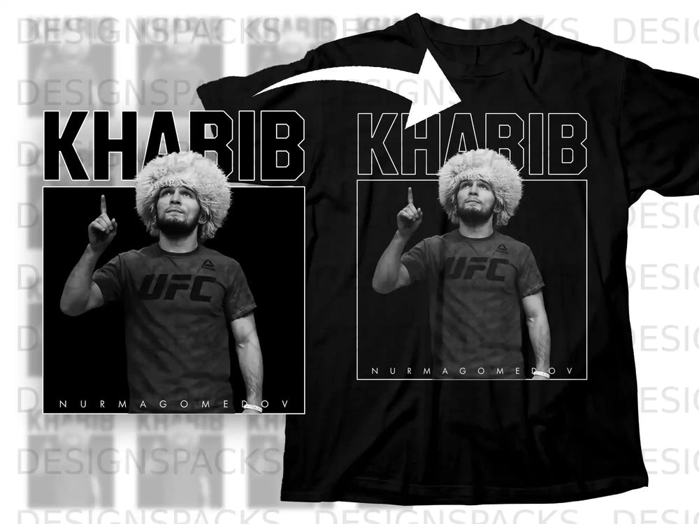 Black t-shirt featuring Khabib Nurmagomedov pointing up, with UFC logo.